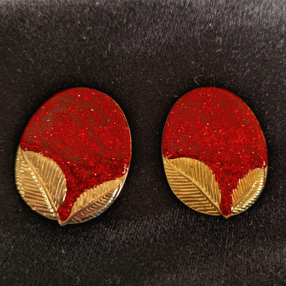 Vintage 1980's Clip Earrings with Red Sparkle and Gold Leaf Pattern